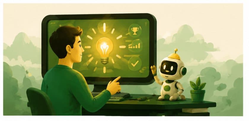 Learner at a computer with an AI helper and progress icons