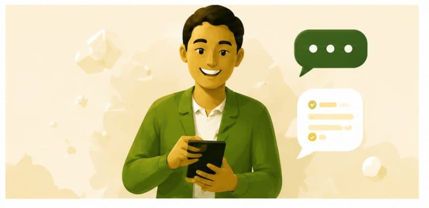 Learner on a phone with chat and checklist bubbles