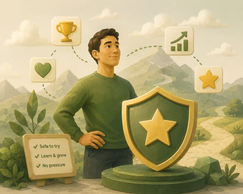 Confident learner beside a shield and a checklist reading Safe to try, Learn and grow, No pressure