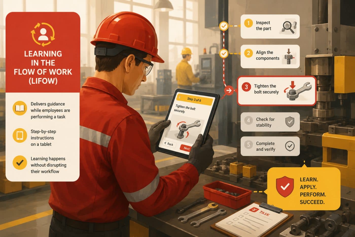 A worker following step-by-step microlearning guidance on a tablet in the flow of work