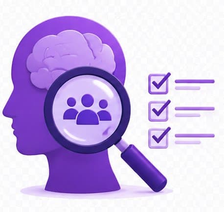 A profile head with a brain and a magnifier examining people and a checklist