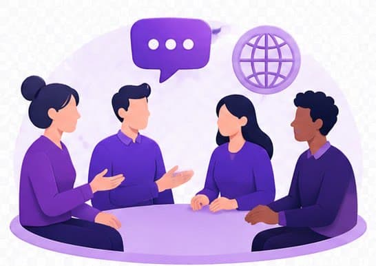 Four colleagues in conversation around a table with a chat bubble and globe