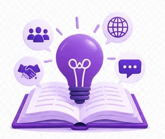 An open book with a glowing lightbulb and DEIB concept bubbles