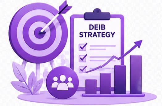 A target with arrow, a DEIB strategy clipboard and a rising growth chart