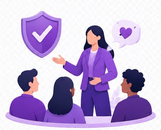 An inclusive leader presenting to a diverse team with a shield-check and heart