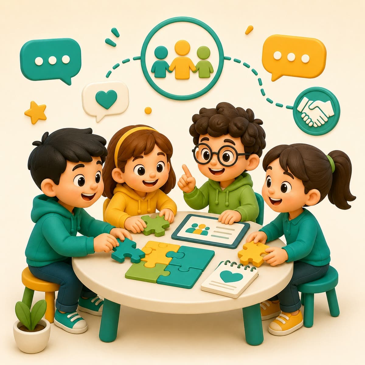 Children collaborating around a table with puzzles and chat bubbles