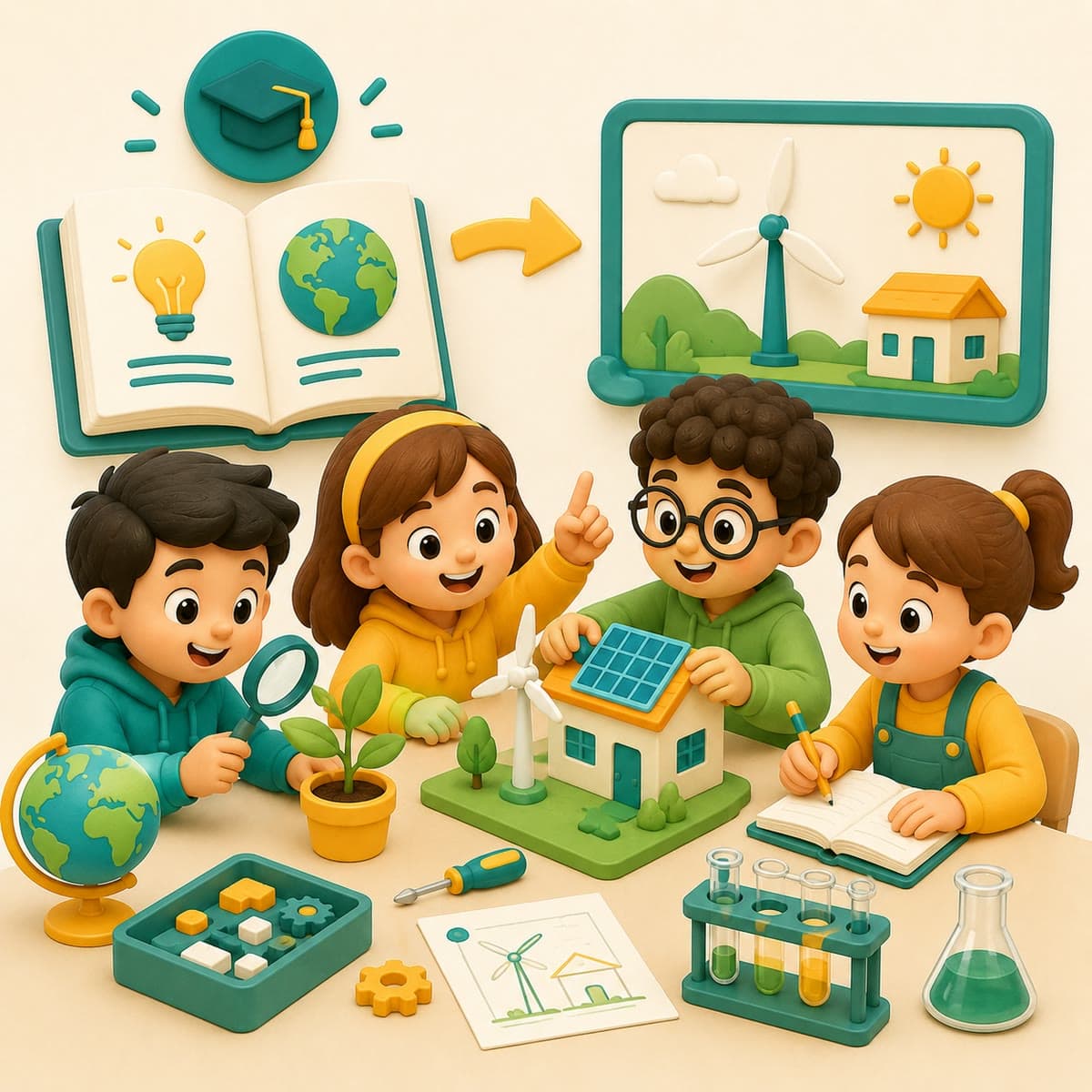 Children applying what they learn to a hands-on project