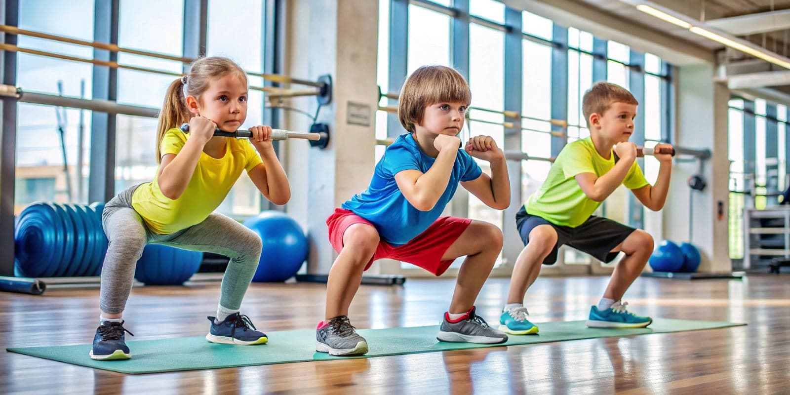 Three children in a bright gym doing squats together during a coached exercise session