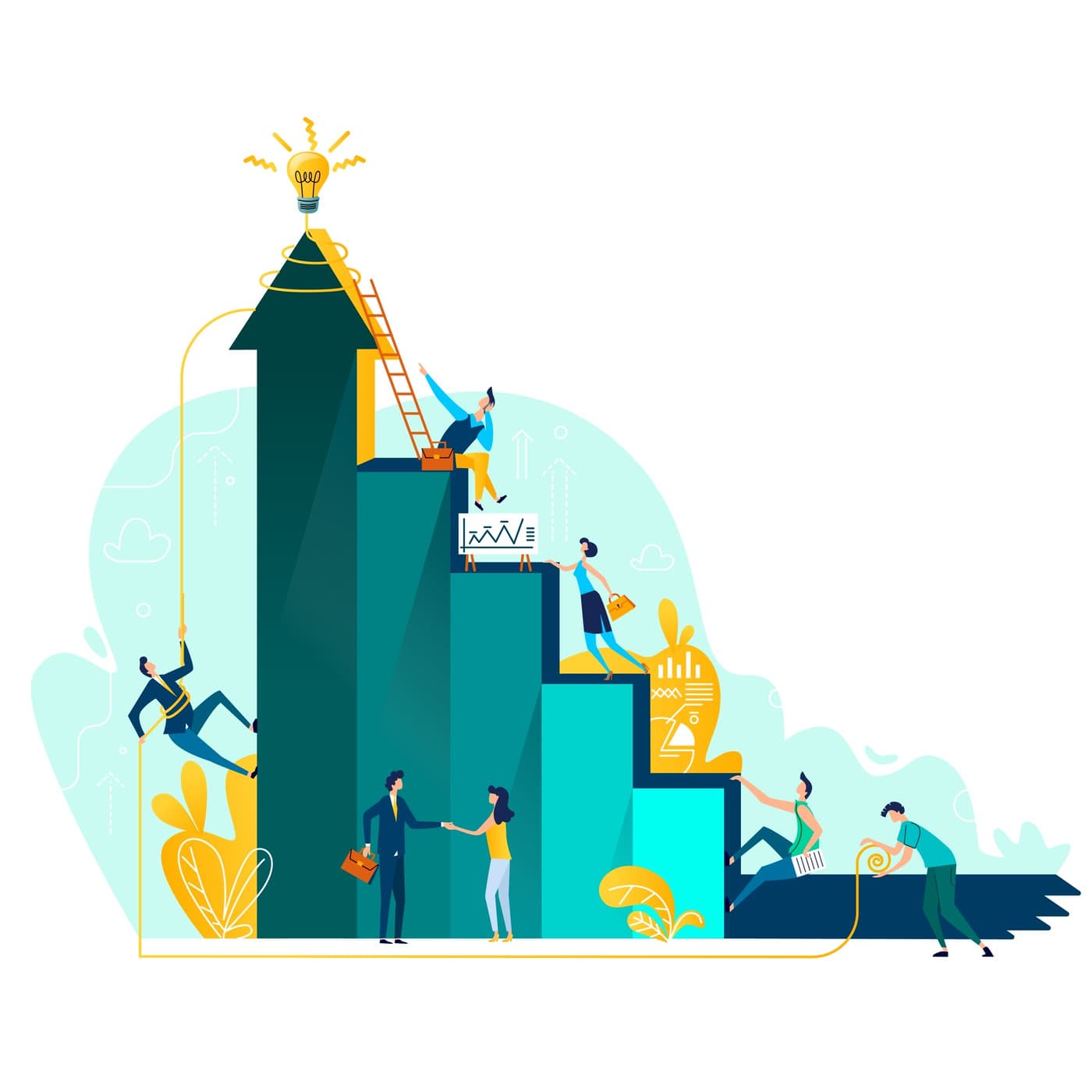 A team climbing ascending bar-chart steps toward a bright idea at the summit
