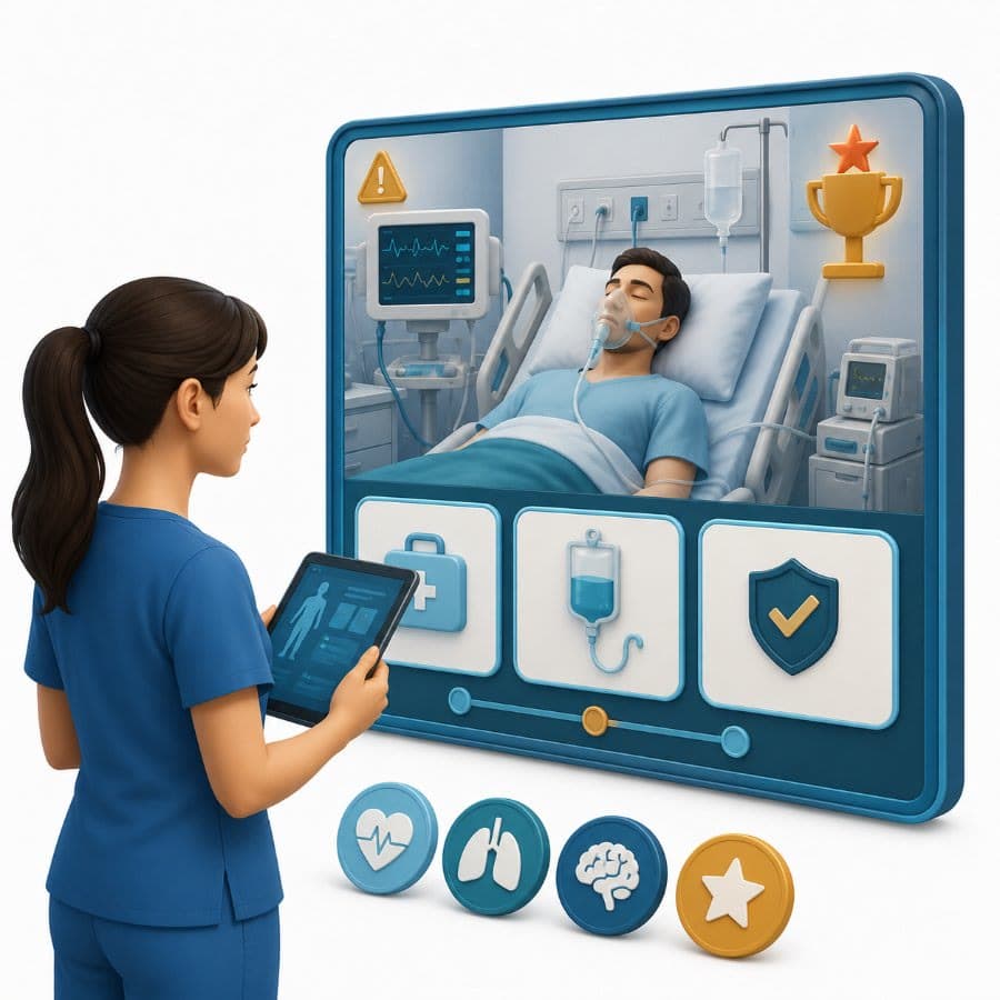 Animated bedside-care simulation on screen