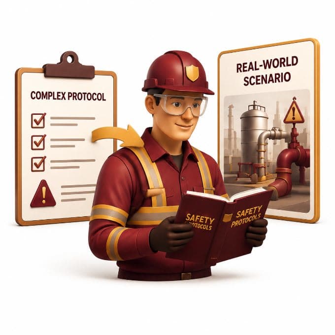 Worker studying a safety protocols handbook that turns complex protocol into a real-world scenario