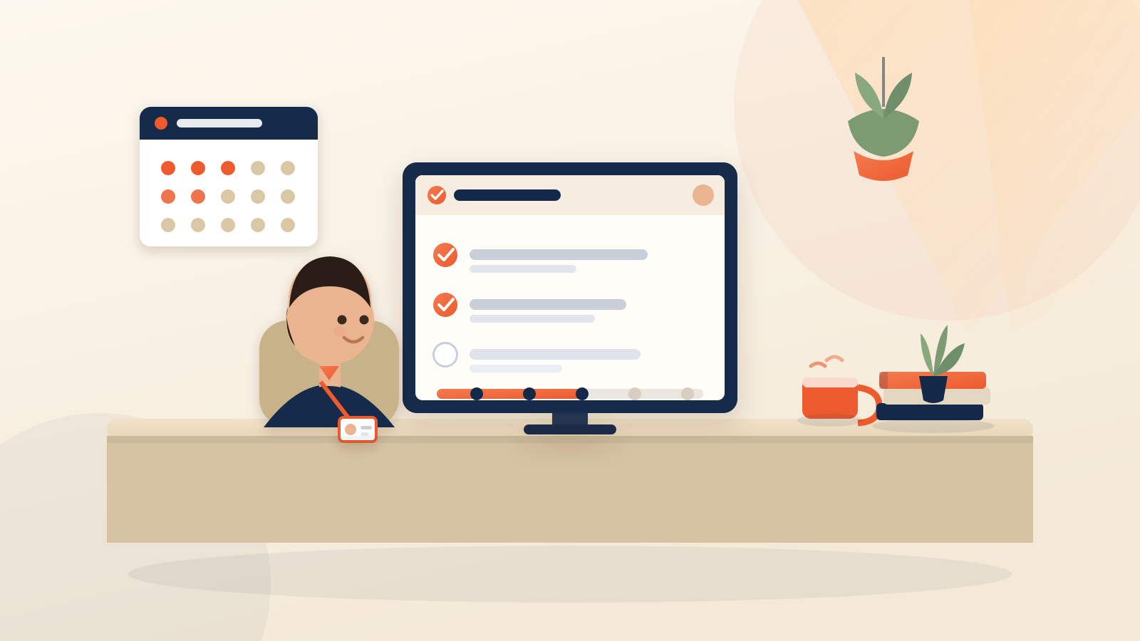 A new hire at their desk with a welcome badge, following an onboarding checklist and week-by-week progress on screen