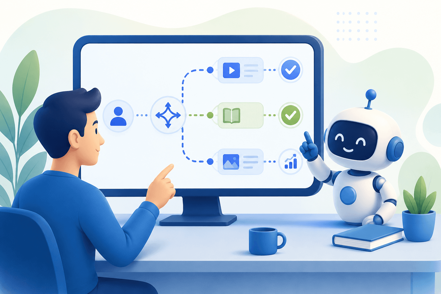 Adaptive learning — a learner's path branching to different content based on assessments and performance