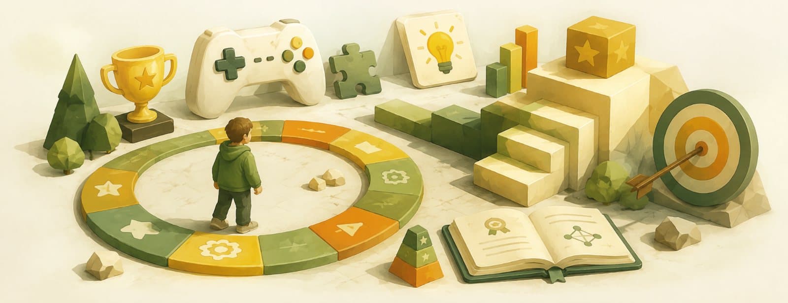 Isometric learning-game board with a player, trophy, controller, target and open book