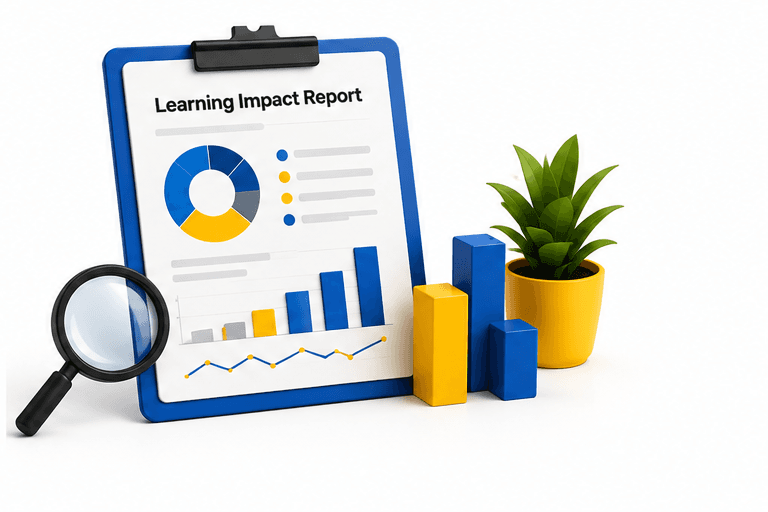 A learning impact report with charts, breaking down results
