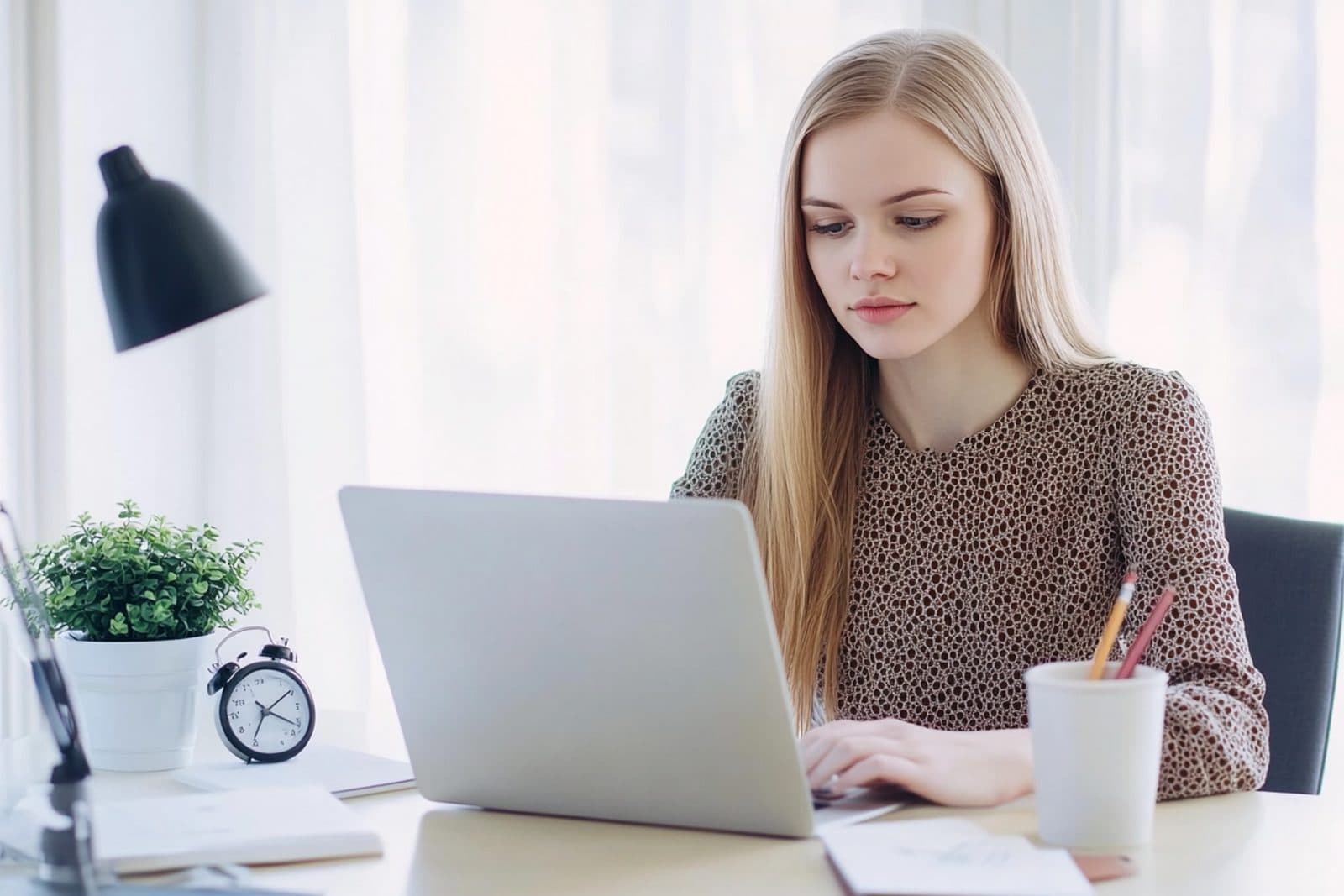 A focused learner working through an online course at a bright desk