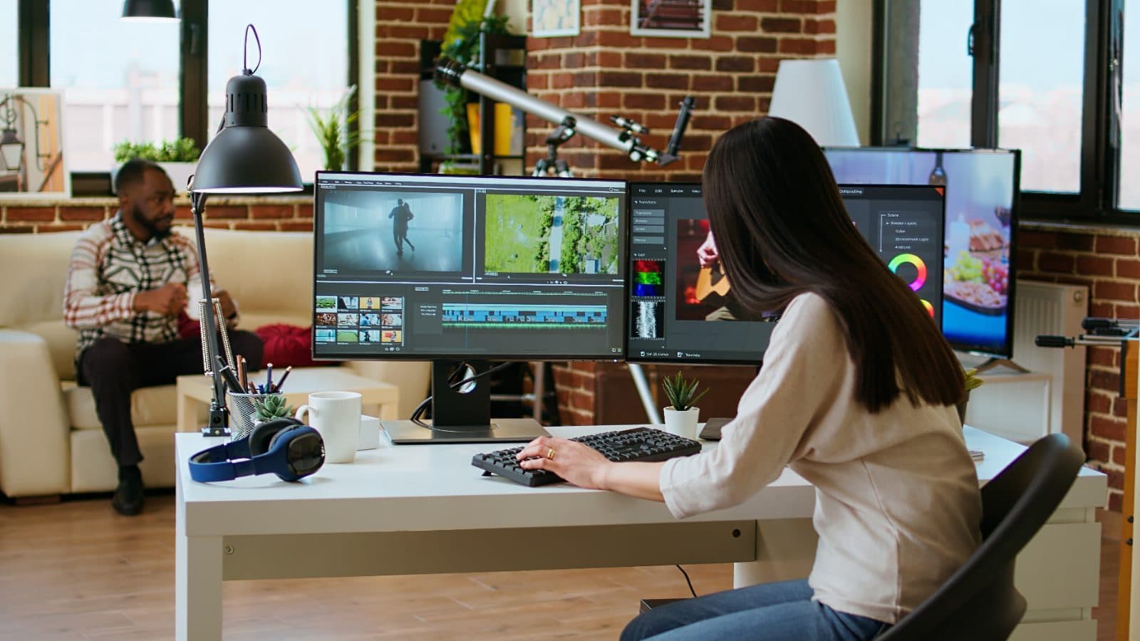 A producer building course video in an editing studio